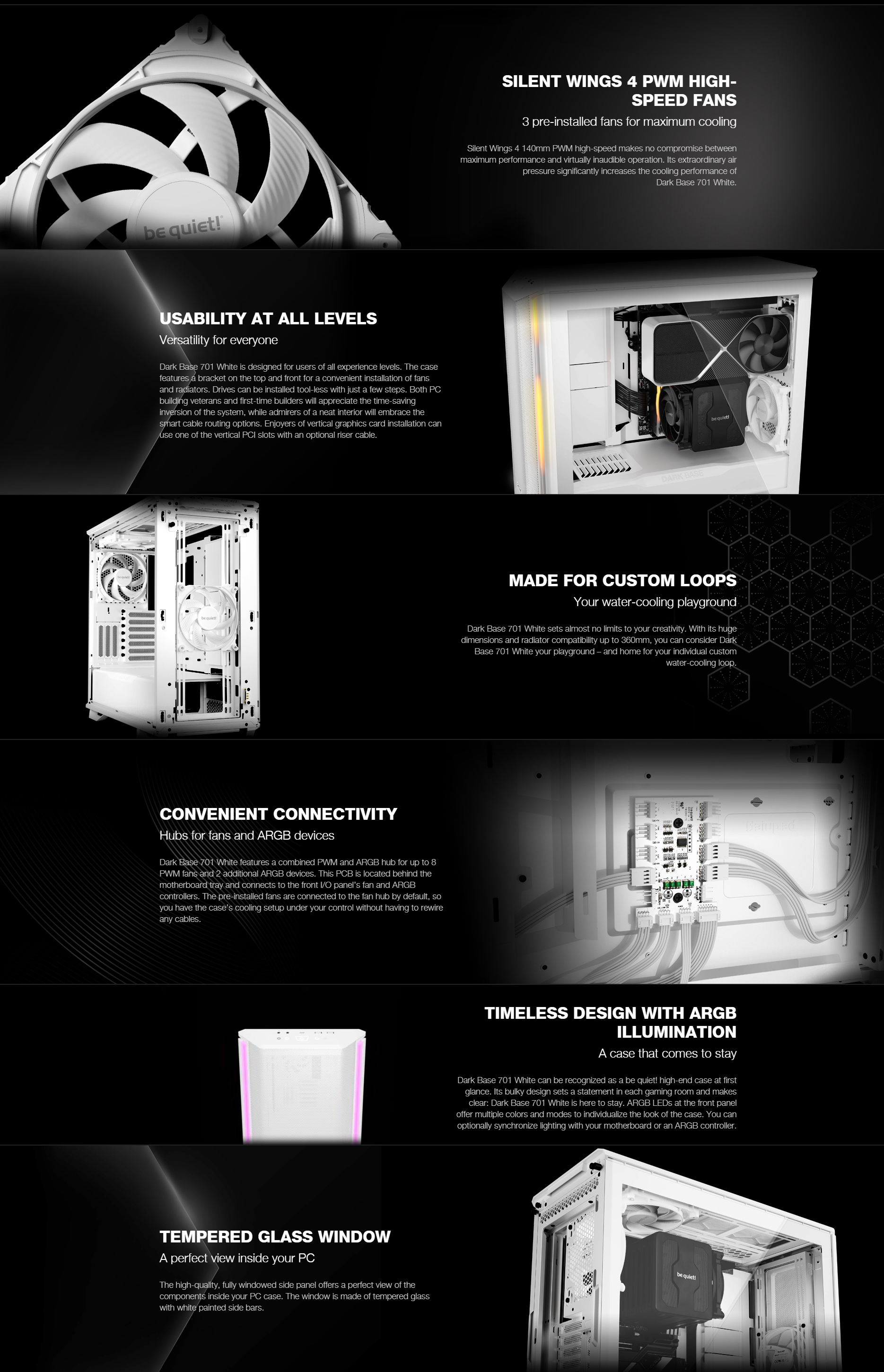 A large marketing image providing additional information about the product be quiet! Dark Base 701 Mid Tower Case - White - Additional alt info not provided